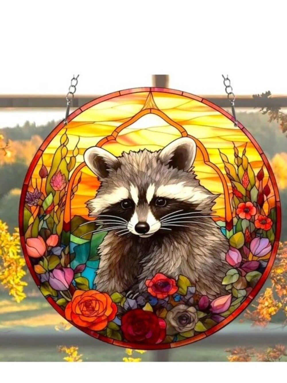 Raccoon Suncatcher Hanging Window Wall Animal Flowers Cute Colorful In/Outdoor